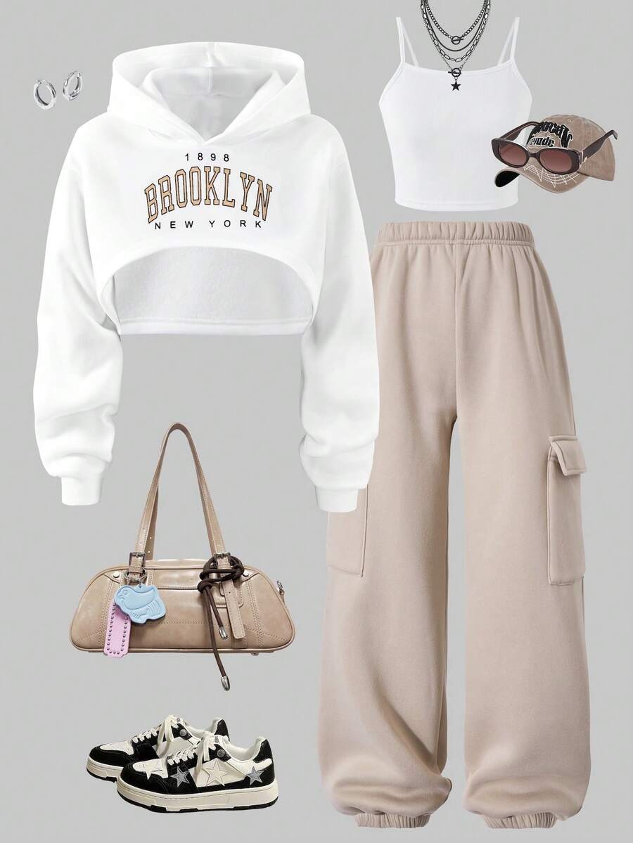 SHEIN ChillGRL 少女三件套针织套装，包含字母印花卫衣、吊带背心和工装裤，舒适百搭，展现青春个性，秋冬必备。 - 卡其色 - 查看 1