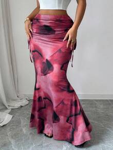 Elenzga 复古扎染印花褶裥高腰修身鱼尾裙，优雅别致的设计，适合女性，是春秋季返校季的理想之选。 - 酒紅色 - 查看 5