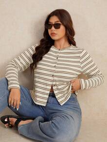 Elaquor Plus Size Women's Casual Basic Striped Button T-Shirt Office Old Money - Multicolor - View 3