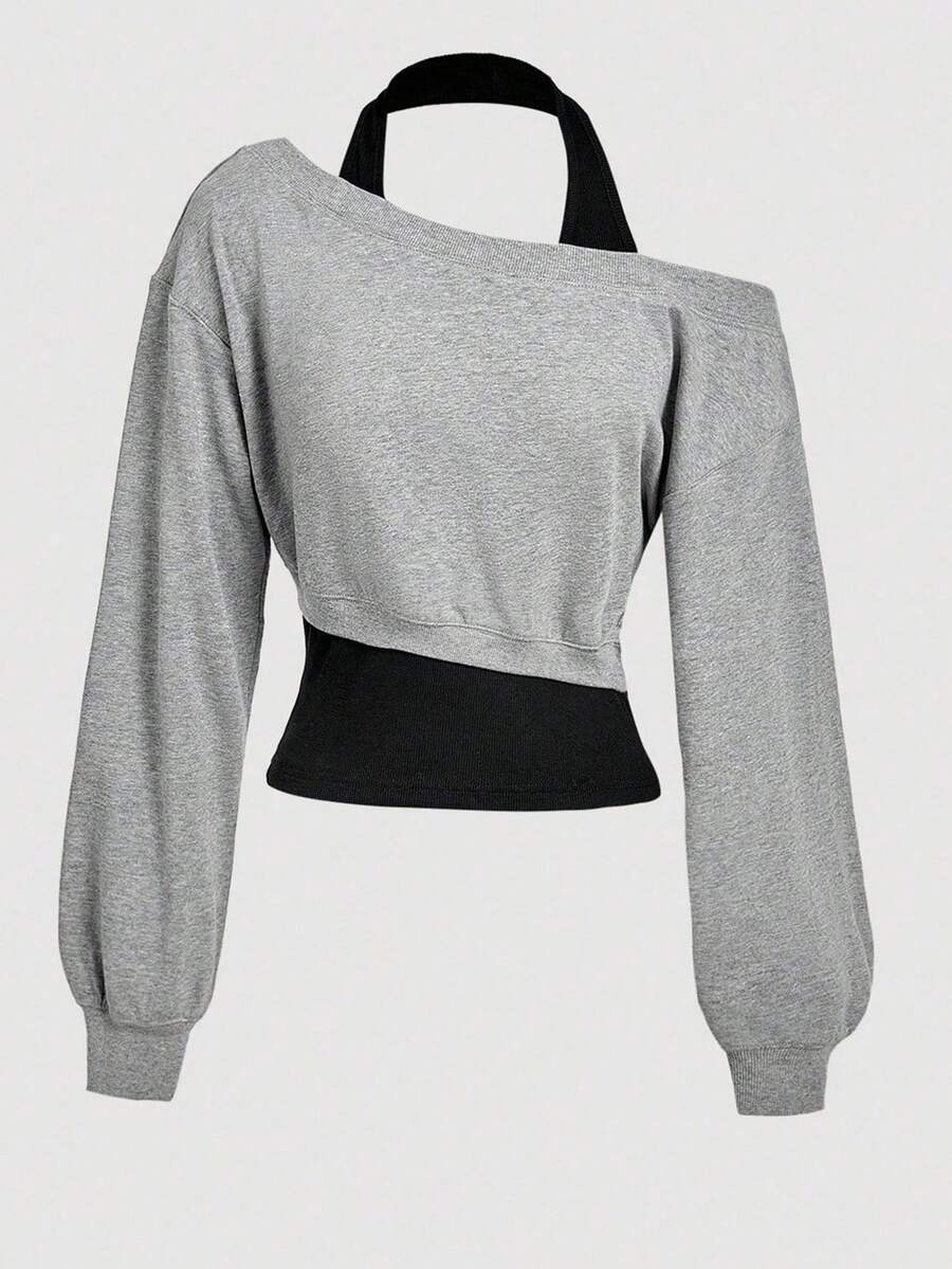 Girlism Tween Girls Asymmetrical Neck Grey 2 In 1 Sweatshirt In Fall/Winter - Dark Grey - View 1