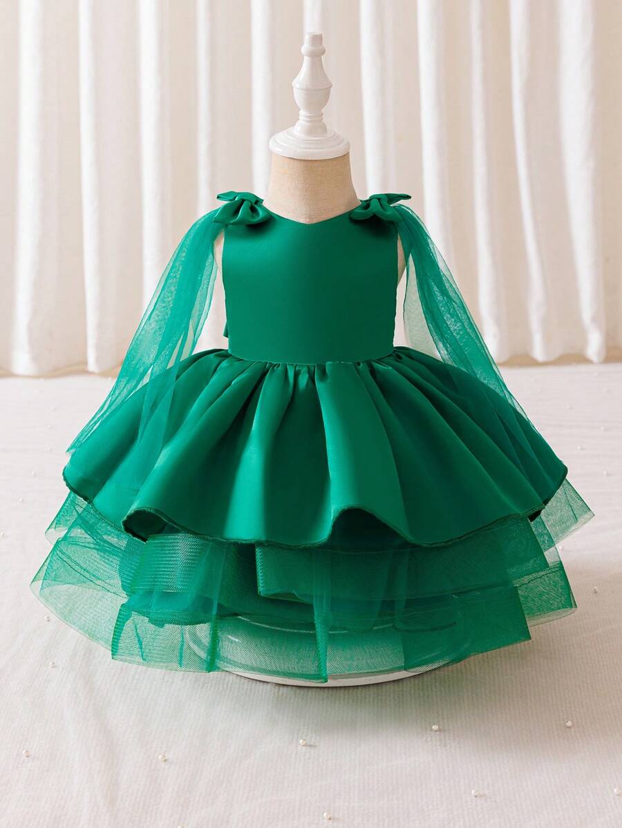 SHEIN Glamorique Kids Váy công chúa cho bé gái, váy dạ hội cho bé gái dịp Giáng sinh, váy bồng bềnh bằng vải tuyn satin xanh ngọc lục bảo có nơ, váy ruy băng bằng vải tuyn, váy sân khấu và dự tiệc trang trọng - màu xanh lá - Xem 1