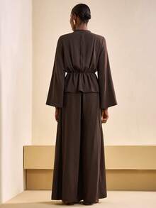 Zivah Conjunto de 2 piezas de top holgado de manga larga con cuello de tortuga y volantes + pantalones de pierna ancha en color marrón, estilo otoño/invierno 2025 para mujer, adecuado para Año Nuevo, San Valentín, fiesta, noche, cita, cumpleaños, universidad, diario, básico, casual, viaje de crucero, elegante, oficina, minimalista - Marrón - Ver 2