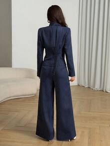 Modelyn Women's Elegant Blue Long Sleeve Padded Shoulder V-Neck Cinched Waist A-Line Cardigan And Straight Leg Pants, Autumn - Blue - View 2