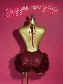 Slaydiva 2025 Winter New Style New Year Valentine's Day Party Evening Gathering Date Gathering Birthday Party Preppy Style Student Wear Everyday Street Basic Versatile Casual Cruise Travel Internet Celebrity Hot Style Elegant Commuter Business Casual Simple Y2K Punk Racing Dark Style Girlish Cool Motorcycle Style Deep V-Neck Halter Strap Sexy Open Back Burgundy Glitter Sequins Hem Furry Fall/Winter Jumpsuit Party Jumpsuit Christmas Jumpsuit New Year Jumpsuit Women's Bodysuit - Burgundy - View 2