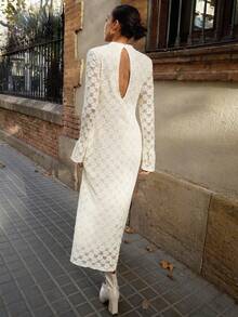 Maija 女士优雅半透明纹理喇叭袖连衣裙，秋季 - 杏色 - 查看 5