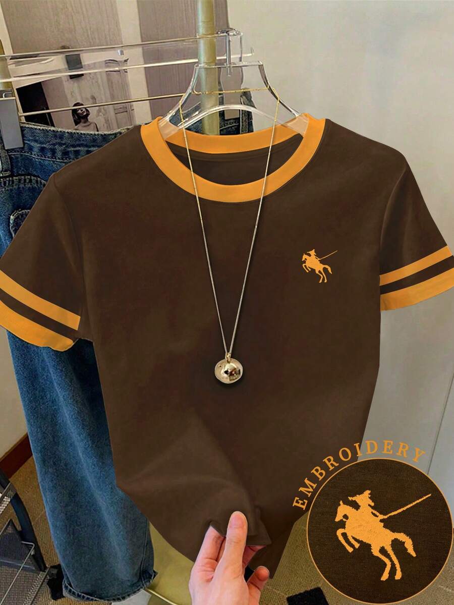 SHEIN 女款T恤/保罗图案印花/刺绣工艺/女士宽松休闲撞色圆领T恤上衣/春夏 - 彩色 - 查看 1