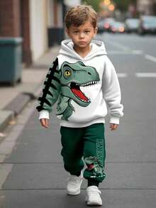 SHEIN 2 st/set Young Boys Casual Tecknad Dinosaurie & Engelska Bokstäver Grafik Lös Passform Bekväm Långärmad Huvtröja, Lämplig För Höst/Vinter - Multifärgad - Visa 6
