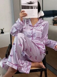 2件套仿丝绸蝴蝶结条纹长袖上衣和裤子女士睡衣套装，冬季服装 - 紫色 - 查看 5