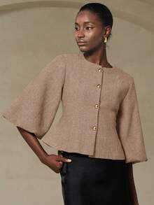 GENKIRA Elegant French Retro Romantic Luxury High-End Design Herringbone Round Neck 3/4 Petal Sleeve Cinched Waist Slim Metal Button Women's Blazer - Apricot - View 5