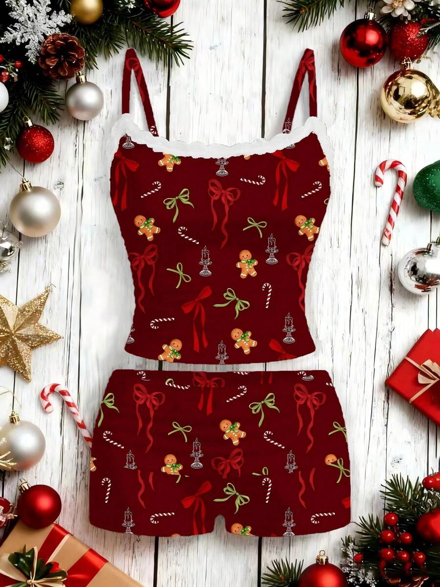 SHEIN EZwear 两件套女士蕾丝吊带背心和褶皱短裤,适合夏季穿着 - 酒紅色 - 查看 1