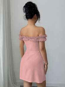 Elenzga 女士露肩荷叶边腰浪漫连衣裙 - 淺粉色 - 查看 2