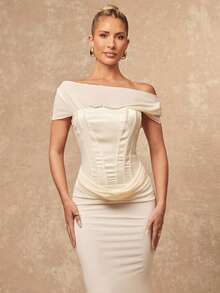 Lumalex 早春露肩网纱拼接缎面腰部鱼尾裙，女士奢华新年新造型，低调奢华，适合舞会、聚会、宴会、低调奢华、闪耀节日派对、锐舞音乐节、郊游、度假、户外、婚礼季、宴会、宰牲节、新年派对、派对礼服、露肩正式礼服、象牙色礼服、优雅礼服 - 杏色 - 查看 10