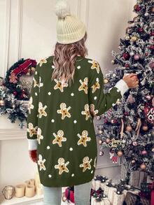 LanaWest Cárdigan con bolsillos duales y ribete de contraste con estampado de oso para ropa de Año Nuevo - Verde militar - Ver 2