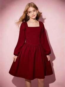 Tween Girls' Long Sleeve A-Line Dress, Halloween Casual Elegant Cute Maxi Dress, White Short Dress, Suitable For Spring, Summer, Autumn, Outdoor, Vacation, School Dark Red Dress Teen Girls Burgundy Girl Dress Maroon Dress For Girl Teen Girls Elegant Long Sleeve Dresses Puff Sleeve Dress - Burgundy - View 4