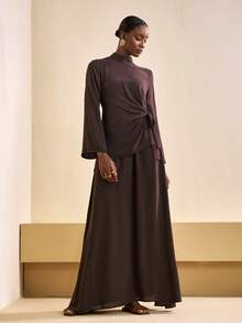 Zivah 2025 Autumn/Winter New Year, Valentine's Day, Party, Evening, Date, Birthday, College Style, Student, Daily Wear, Versatile, Casual, Cruise Travel, Trending, Elegant, Commute, Business Casual, Minimalist Collared Flare Sleeve Tie-Waist Asymmetric Hem Shirt + Loose A-Line Long Skirt 2-Piece Set, Brown Fabric, Women's Autumn/Winter Outfit Brown Two Piece Set Modest Two Piece Set Modest Dress Brown Elegant Dress Women Modest Sets For Women - Brown - View 5