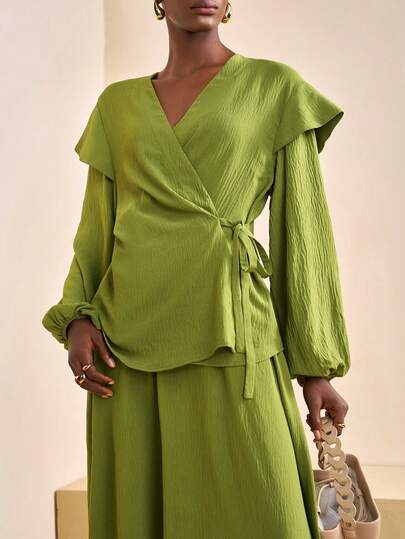 Zivah 20  Autumn/Winter New Year, Valentine's Day, Party, Evening, Date, Gathering, Birthday Party, College Style, Student Wear, Daily Outing, Basic Versatile, Casual, Cruise Travel, Trending, Elegant, Commute, Business Casual, Minimalist, Loose Solid Green Color, Crossed Neckline Tie-Knot Long Sleeve Top And Extra-Wide A-Line Skirt, Woven Textured Fabric Women 2-Piece Set