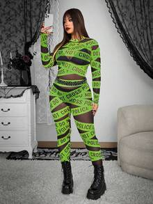 Whyspr Plus Size Women Street Bold Avant-Garde Casual Punk Fashion English Letter Print Leggings, High Stretch, Suitable For Halloween, Music Festival, Cosplay - Multicolor - View 4