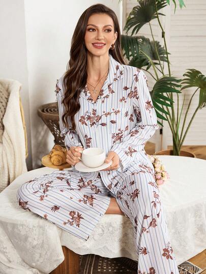 Serenescape New Women Gestreepte Bloemen Print Long Sleeve Pajama Set Open Front