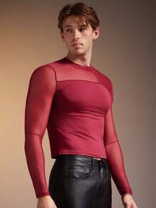 FeverCity Men's Fashion Mesh Patchwork Sheer Round Neck Sexy Long Sleeve T-Shirt - Red - View 4