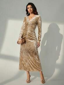 Bluhae Vestido elegante de fiesta sexy con cuello en V, manga larga fruncida y cintura, otoño/invierno - Champán - Ver 5