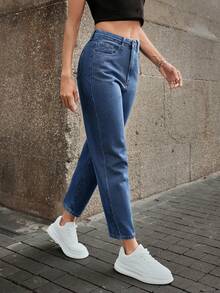 SHEIN ICON Women's Casual Versatile Denim Mom Jeans With Pockets - Dark Wash - View 6