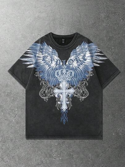 Goth تي شيرت قصير الأكمام مطبوع بطباعة جوتيك مغسول بطريقة عتيقة للرجال، صيفي