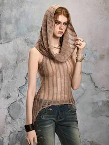 ROMWE Fairycore Women's Solid Color Asymmetric Hem Distressed Hooded Sleeveless Knit Top - Khaki - View 2
