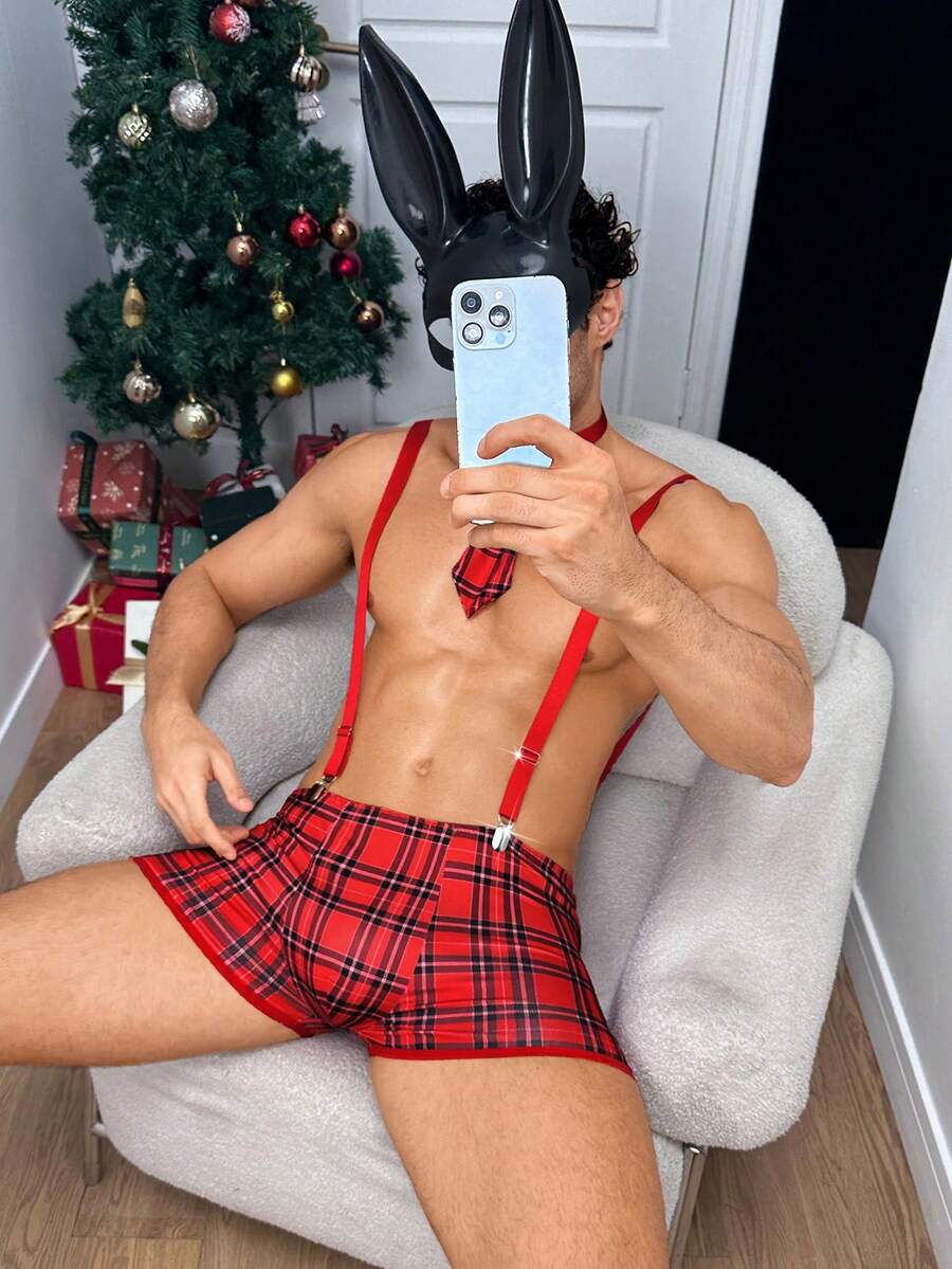 DrisQ 男士格子背带短裤套装 - 紅色 - 查看 1