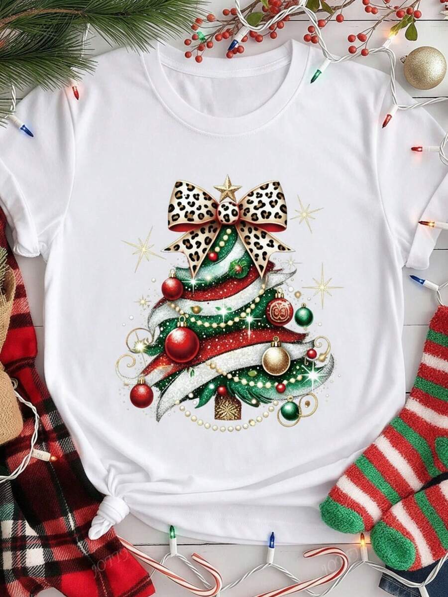 Playera con estampado de Árbol de Navidad, colorida, de temporada, estampado, divertida, moderna, holgada, cuello redondo, manga corta, para fiestas de temporada y uso diario, ideal para toda la familia - Blanco - Ver 1