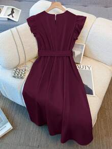 Franclia 优雅法式高端度假通勤百搭圆领短袖弹力腰身珍珠纽扣装饰舒适柔软无弹杏色女士中长连衣裙，春夏款 - Bold Plum - 查看 2