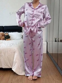 2件套仿丝绸蝴蝶结条纹长袖上衣和裤子女士睡衣套装，冬季服装 - 紫色 - 查看 2