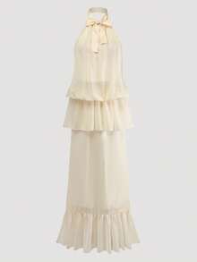 INAWLY Women's Solid Color Halter Elegant Ruffle Hem Maxi Dress - Ivory White - View 5