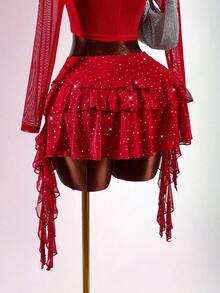 Amplova Chân váy ngắn lấp lánh dành cho nữ, kiểu dáng Y2K, eo siêu trễ, gợi cảm và phá cách, phù hợp cho các buổi hẹn hò, ngày Valentine, chân váy ngắn màu đỏ, gợi cảm và phá cách, váy Giáng sinh cho nữ, váy năm mới, chân váy đỏ. - Màu Đỏ Sâu - Xem 10