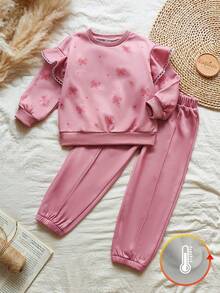 Vintaside Kids 女童春秋季圆领长袖简约时尚连帽衫搭配休闲时尚紧身裤套装，适合露营、度假或温和天气下的日常休闲穿着 - 珊瑚粉 - 查看 6