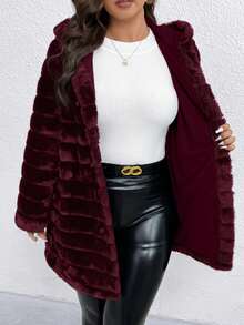 SHEIN Clasi 大码女式奢华休闲仿毛皮连帽外套 - 酒紅色 - 查看 7