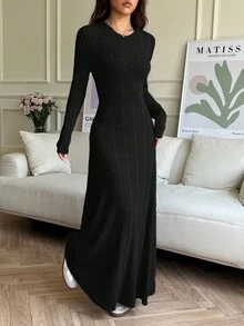 SHEIN EZwear 女士纯色长袖休闲罗纹针织连衣裙 - 黑色 - 查看 5