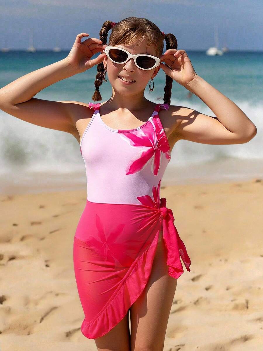 SHEIN Sparklyn Tween Girls One-Piece Swimsuit, New Stylish Printed Swimwear, Summer Flattering One-Piece Or Two Pieces Set, Beach Holiday Pink Bow Swimsuit Pink Sarong Skirt Tied Waist Swimwear Pink One Piece Swimsuit For Teen Girls Pink Beach Dress For 10 Year Olds Swimsuit Tween Pink - Pink - View 1