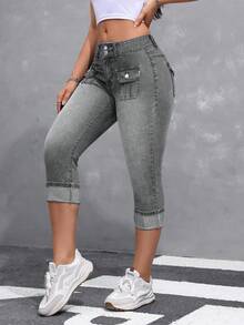 SHEIN ICON 女士休闲水洗低腰修身牛仔裤 - 淺灰色 - 查看 4