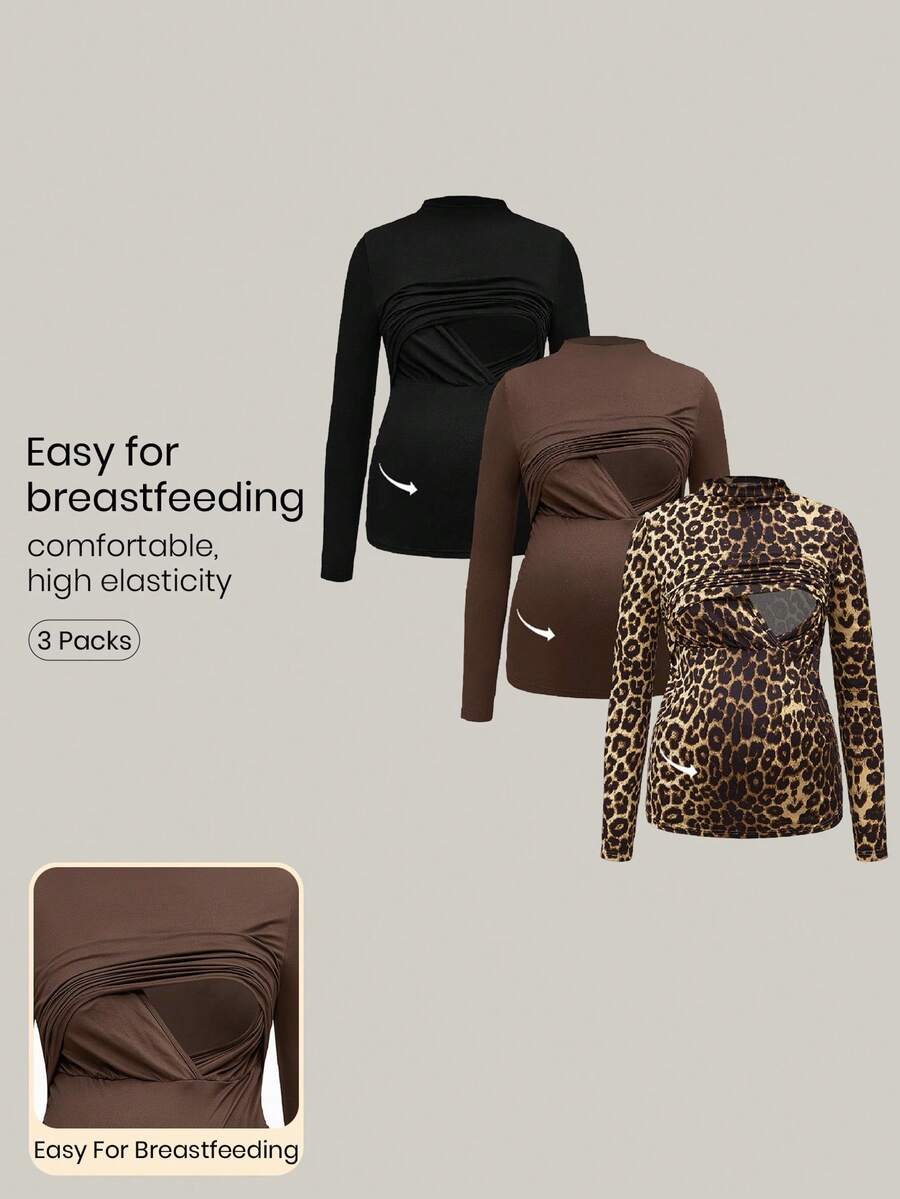 Modmama Autumn And Winter Fall Clothes For Women Maternity Nursing Tops 3-Pack Maternity Stand Collar Long Sleeve Casual Nursing Top - Multicolor - View 1