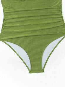 Swim Oasis 大码女式绿色提花面料休闲度假吊带低领连体泳衣配沙滩罩衫两件套泳装 - 綠色 - 查看 8