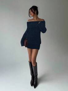 Aloruh Grey Off Shoulder Turtleneck Long Sleeve Mini Dress, Loose Top Tight Bottom, Suitable For Young Ladies, Autumn/Winter - Navy Blue - View 3
