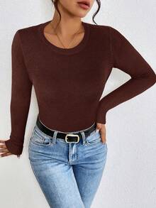 SHEIN Frenchy Suéter de cuello redondo de manga larga de unicolor y minimalista para mujer, para uso diario - Marrón - Ver 3