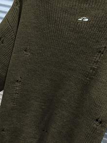 Manfinity Homme Men's Solid Color Round Neck Drop Shoulder Ripped Loose Casual Knit Sweater - Dark Green - View 6