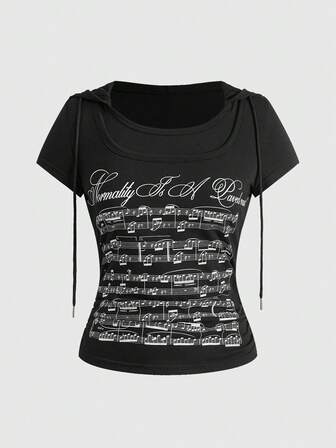 J-Fashion Y2K Retro Millennium Babe Music Note Print Hooded 2 In 1 Short Sleeve Top