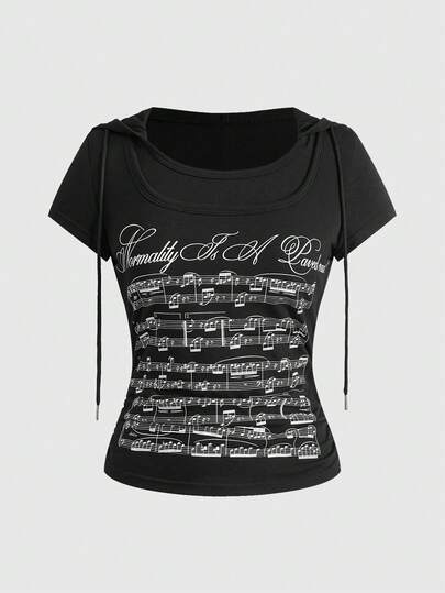 J-Fashion توب قصير الأكمام مطبوع بنغمات موسيقية مزود بقلنسوة، طراز رجعي لألفية Y2K