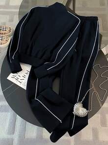 Resyla 女士休闲拉链领度假连帽衫套装 - 藏蓝色 - 查看 2