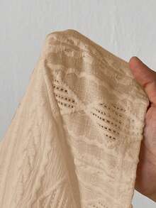 SHEIN Frenchy 大码女式撞色蕾丝长袖几何纹理宽松T恤 - 卡其色 - 查看 7