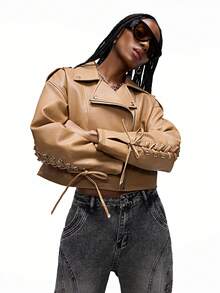 GENKIRA Retro Punk Style Cropped PU Leather Moto Jacket With Straps, Cool Design  - Coffee Brown - View 6