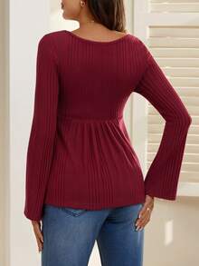SHEIN Women V-Neck Ribbed Twist Front Maternity Long Sleeve Top, Autumn/Winter