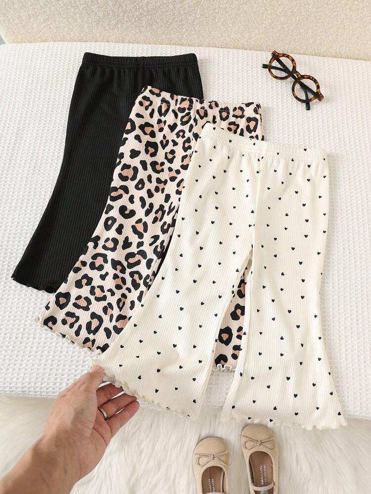 3pcs Baby Girl Valentine's Day Heart & Leopard Print Soft Elastic Waist Knit Leggings Set, Cute Casual Versatile Knit Leopard & Polka Dot Pattern - Multicolor - View 4
